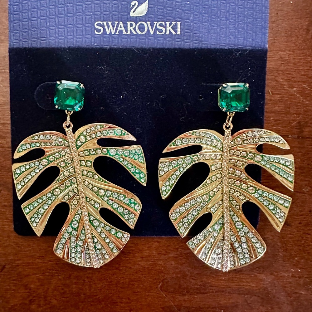 Swarovski Gold and Emerald Leaf Earrings